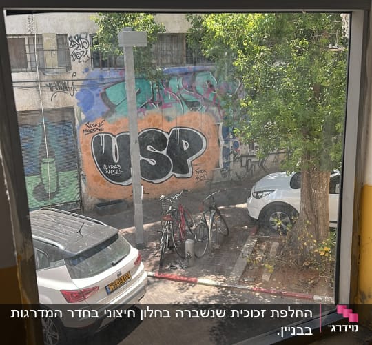 נוף דרך חלון עם גרפיטי ועצים